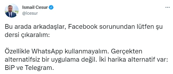Cumhurbaşkanı danışmanı Cesur'dan 'WhatsApp kullanmayalım' mesajı